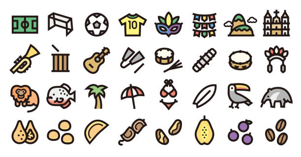 brazil icon set (farbversion mit fettem umriss) - corcovado stock-grafiken, -clipart, -cartoons und -symbole