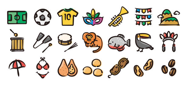 brasilien icon-set (handzeichnung farbversion) - corcovado stock-grafiken, -clipart, -cartoons und -symbole