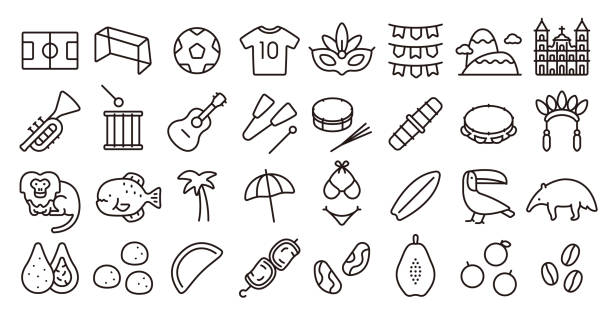 Brazil icon set (Thin line version) This is a set of brazil icons. This is a set of simple icons that can be used for website decoration, user interface, advertising works, and other digital illustrations. coxinha stock illustrations