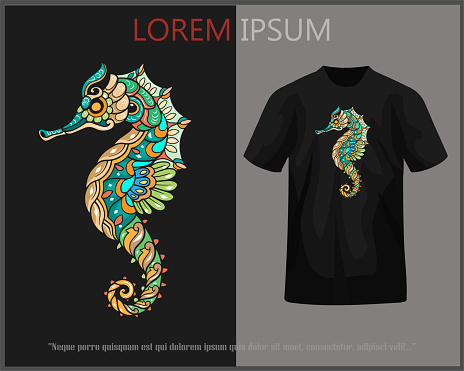Seahorse mandala art t-shirt design complete with mockup.
