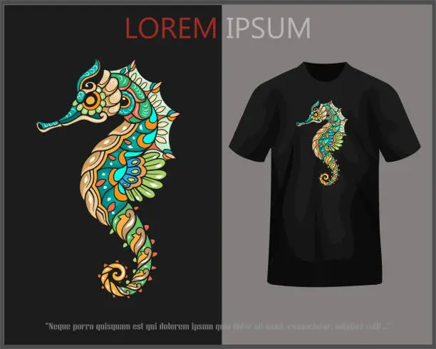 Vector illustration of Seahorse mandala art t-shirt design complete with mockup.