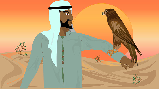 An Arabic man is holding an eagle on his arm against a beautiful desert sunset