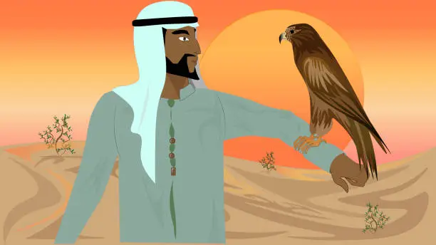Vector illustration of An Arabic man holding an eagle on his arm against a beautiful desert sunset