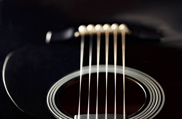 istock Guitar black, string instrument, six metal strings stretched, polished smooth soundboard, lower threshold, close-up macro, selective focus 1472340616
