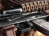 Kalashnikov assault rifle and an ammo. Close-up view.