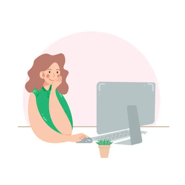 Vector illustration of Young woman works at the computer. Freelancer or office worker sitting with computer and flower in a pot. Girl is thinking and smiling with pleasure of work