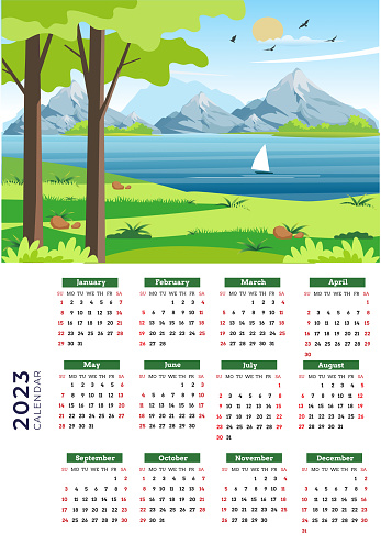 Beautiful 2023 calendar with a natural landscape with mountains and a river vector illustration.