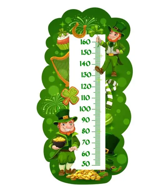 Vector illustration of Kids height chart with cartoon leprechauns. Vector growth measure meter or wall ruler sticker with centimeter scale, St Patrick leprechauns, pot of gold, lucky shamrock leaf and golden horseshoe