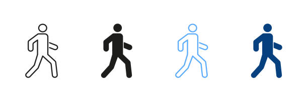 illustrazioni stock, clip art, cartoni animati e icone di tendenza di pedonali a piedi sulla strada. set di icone di colore della linea di esecuzione della persona e della silhouette. pittogramma dell'uomo che cammina. profilo uomo sulla strada e collezione cartello solido su sfondo bianco. illustrazione vettoriale isolata - pedone ruolo delluomo