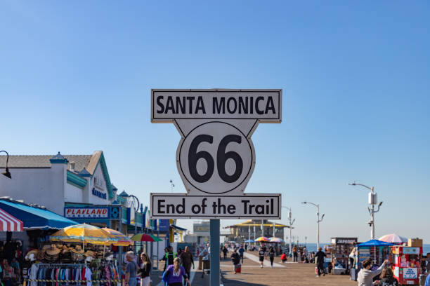 Los Angeles, United States - November 18, 2022: A picture of the Route 66 Santa Monica Pier sign.