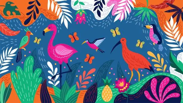 Vector illustration of Brazil tropic background, bird pattern. Flamingo and hummingbird, travel carnival, funny nature art, Rio banner. Hand drawn leaves and flowers. Cartoon illustration. Vector abstract tidy poster