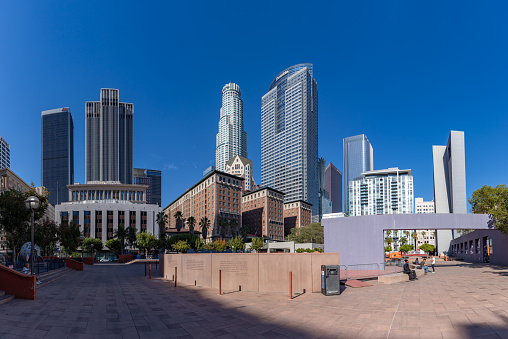 Los Angeles, United States - November 18, 2022: A picture of Pershing Square and the surrounding skyscrapers in Downtown Los Angeles.
