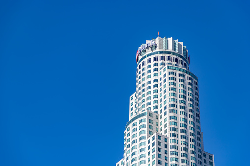 Los Angeles, United States - November 18, 2022: A picture of the top section of the U.S. Bank Tower, in Downtown Los Angeles.