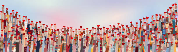 Group of raised hands. Diverse people holding a heart. Charitable donation and volunteer work. A helping hand. Support and assistance. Multicultural community. People diversity. NGO. Aid vector art illustration