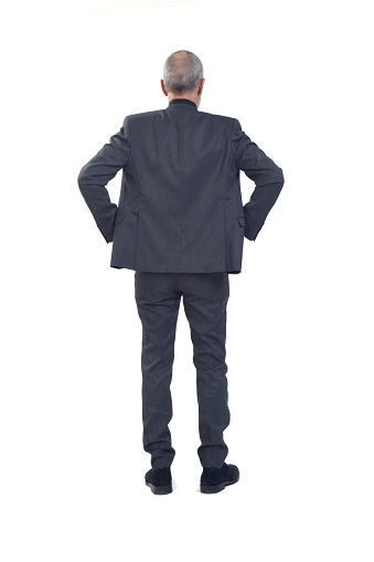 back view of a man standing  with suit and tie and arms akimbo on white background