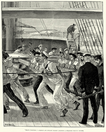 Vintage illustration Heave together, French and English seamen turning a capstan, assisting a stranded French Cruiser, Victorian, 19th Century