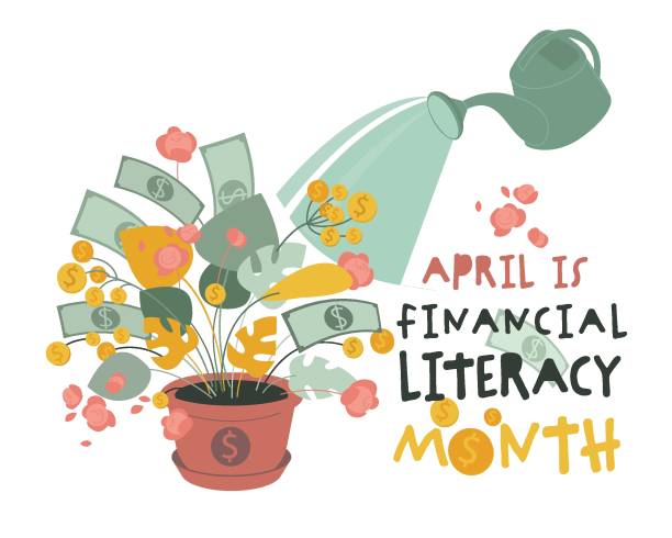 Financial literacy month. Horizontal banner. Editable vector illustration Financial literacy month. National event. Business success, personal finance education concept. Reviewing your attitude towards finances. Poster, print, banner. Editable vector illustration in flat style financial literacy stock illustrations