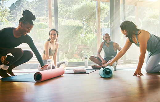 Start, group and yoga with meditation, workspace and conversation with fitness, workout and healthy lifestyle. Teamwork, staff and exercise with pilates training, motivation and wellness for balance