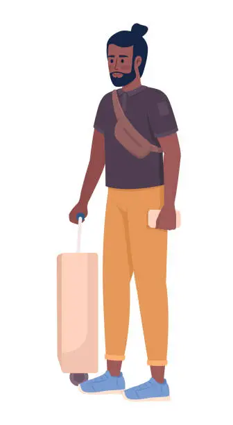 Vector illustration of Bearded male tourist with luggage and ticket semi flat color vector character