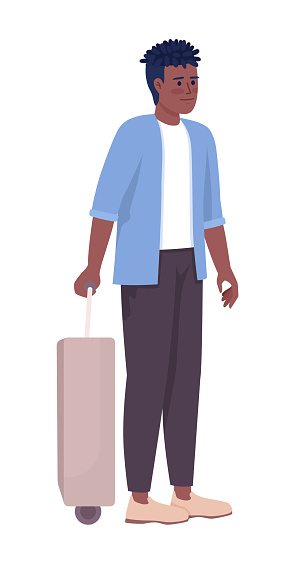 Young male passenger with suitcase semi flat color vector character. Modern guy. Editable figure. Full body person on white. Simple cartoon style illustration for web graphic design and animation