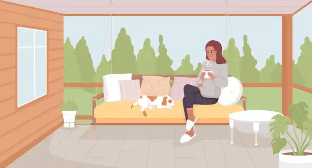 Vector illustration of Enjoying getaway alone at vacation home flat color vector illustration