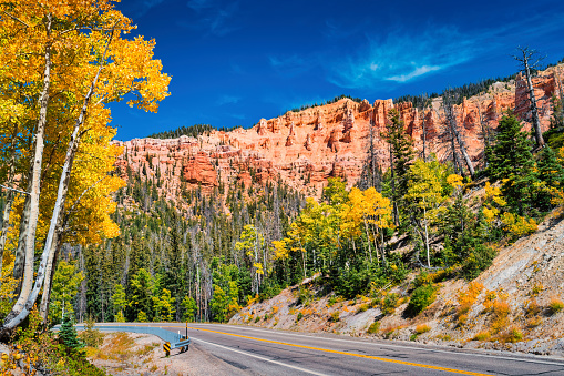 Cedar Canyon State Route 14 in Cedar Breaks National Monument in Utah, USA in autumn.
