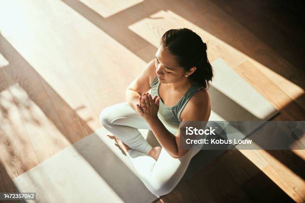 Meditation Yoga And Top View Of Woman With Prayer Hands In Home For Health And Wellness Meditate Namaste Zen Chakra And Female Yogi Workout Exercise Or Training For Pilates Mindfulness And Peace Stock Photo - Download Image Now
