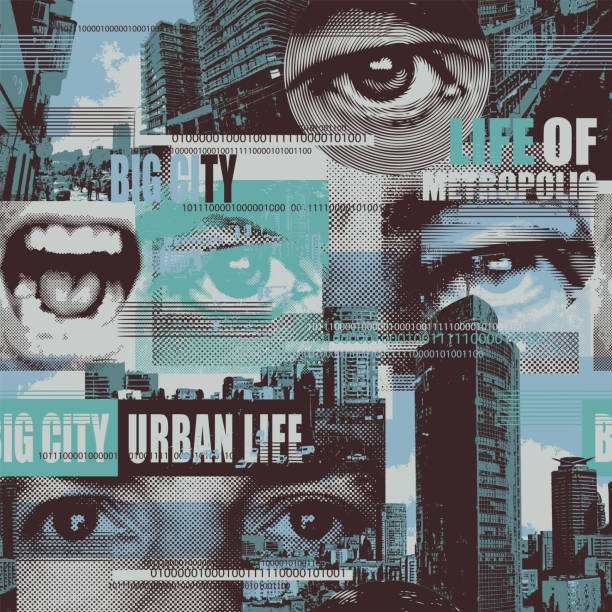 seamless pattern with human eyes and urban landscapes vector art illustration