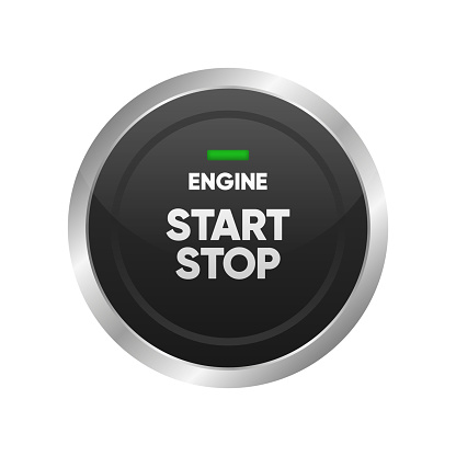 Engine start stop button. Car dashboard element. Press the button to start the car. Realistic button. Vector illustration