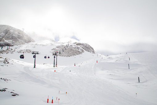 ski lift, slopes and mountains panorama of winter ski resort Chamonix, French Alps