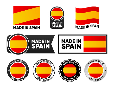 Made in Spain label collection. Set of flat isolated stamp made in Spain. 100 percent quality. Quality assurance concept. Vector illustration
