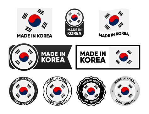 Made in Korea label collection. Set of flat isolated stamp made in Korea. 100 percent quality. Quality assurance concept. Vector illustration