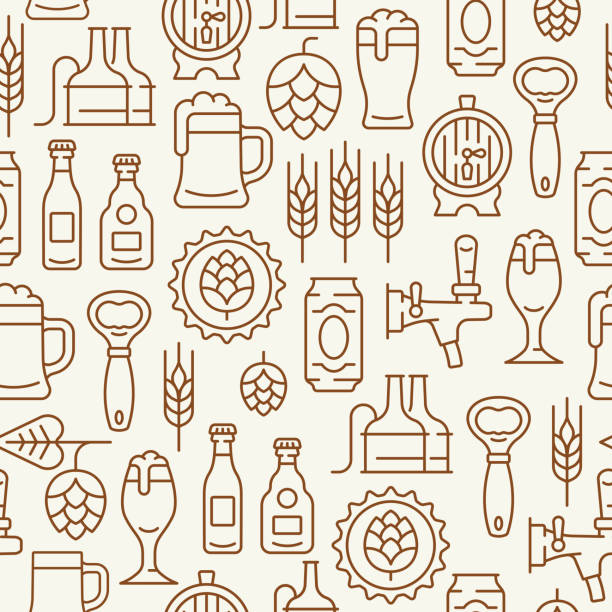 illustrazioni stock, clip art, cartoni animati e icone di tendenza di modello senza cuciture della linea di birra. sfondo vettoriale con boccale di birra, cono di luppolo, orecchio d'orzo, barile, apri, bottiglia. - brewery beer barley cereal plant