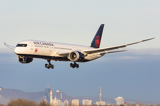 Vienna, Schwechat - January 07, 2023: A Boeing 787 Dreamliner of Air Canada landing in Vienna in beautiful morning light