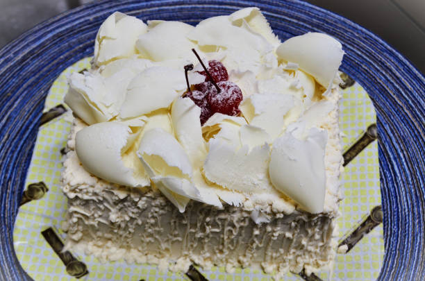istock Delicious white chocolate cake decorated with cherries 1472362488