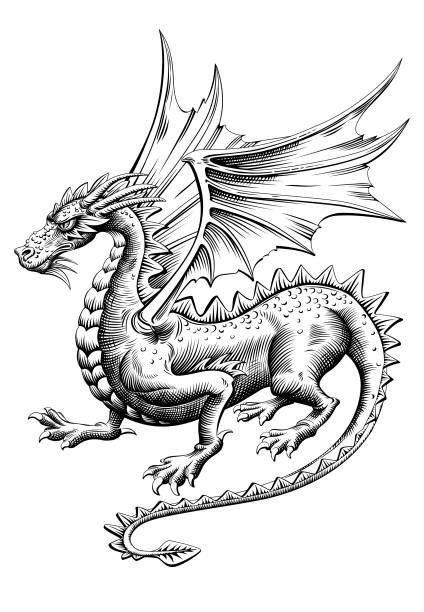 Dragon Woodcut_3 vector art illustration