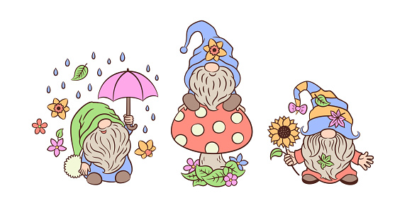 Spring scandinavian gnome with umbrella, sunflower, sitting on a toadstool. Scandinavian gnomes funny characters isolated on white. For Easter or mothers day greeting card, poster, sign, etc.