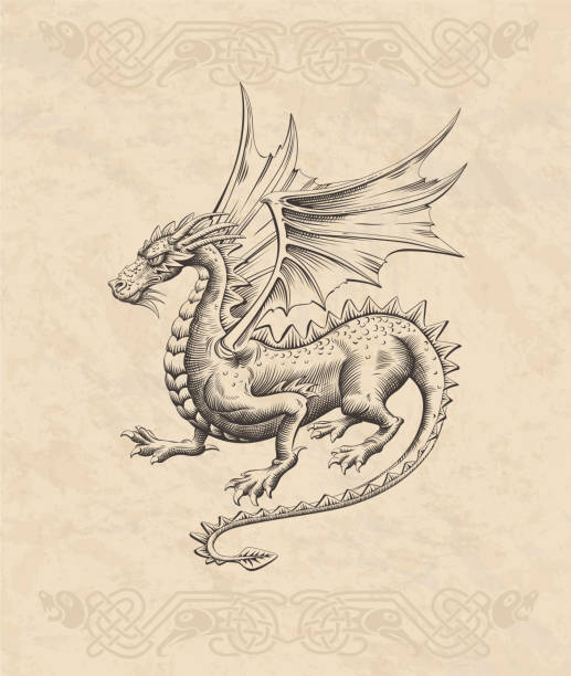 Dragon Woodcut Color vector art illustration