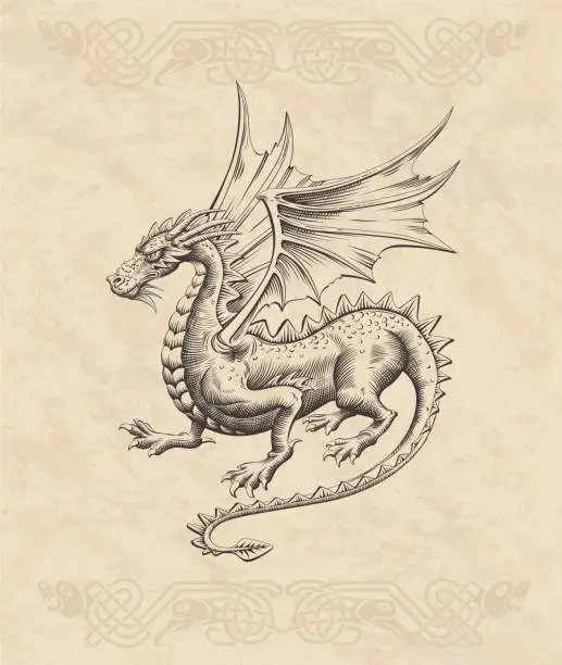 Vector illustration of Dragon Woodcut Color