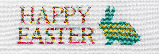istock The inscription Happy Easter is embroidered with colored threads on a white fabric. 1472367575