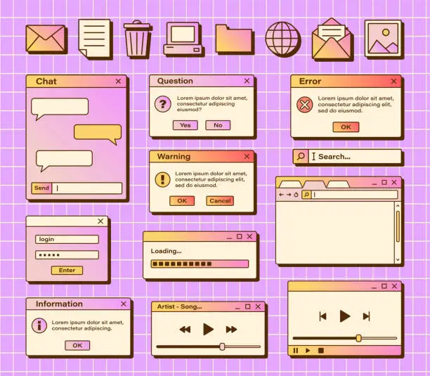 Vector illustration of Vector set of retro vaporwave computer interface. Gradient browser and dialog window templates. Nostalgic OS. Retro icons.