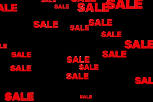 Red words sale on black background 3d render. Discount falling satisfying. Big sale, discount, black friday, shopping mall or coming soon concept.