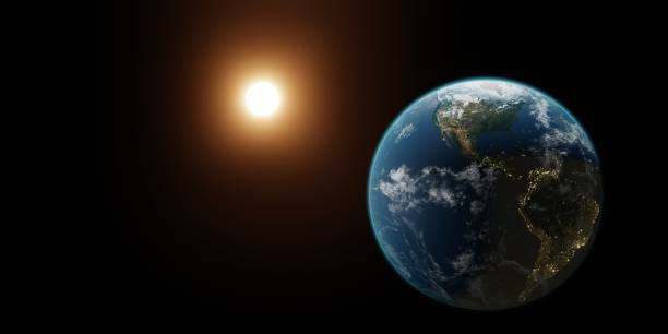 istock Beautiful 3d earth planet on black background 3d render. World planet satellite, Stars, nebula and galaxy. Concept of climate change, dark night, cities lights, sunrise. Sunrise from outer space 1472374480