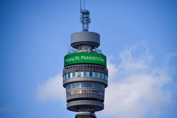 St Patrick's Day message on the BT Tower, London, UK London, UK  - March 17th 2022: St Patrick's Day message on the BT Tower. soho billboard stock pictures, royalty-free photos & images