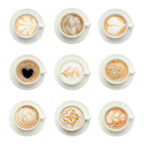 istock Set with cups of hot aromatic coffee on white background, top view 1472379361