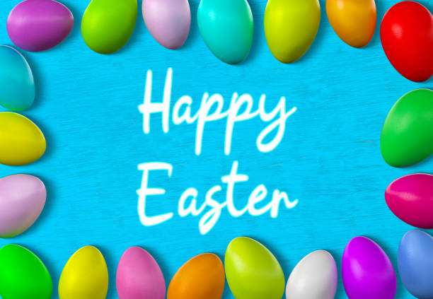 istock Happy easter text Message with colorful decorated eggs over wooden background. 1472380752