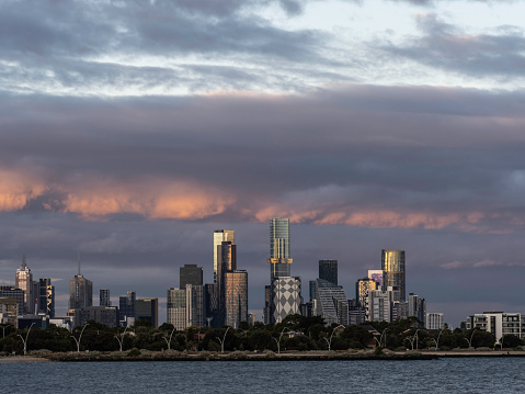 Melbourne skyline from Port Melbourne at sunset