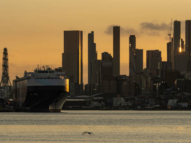 Seattle, USA - May 31, 2021: Late in the day sunset on Elliott Bay with Ferries arriving and leaving.