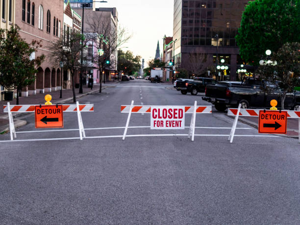 istock Road closed for event with detour downtown 1472387212