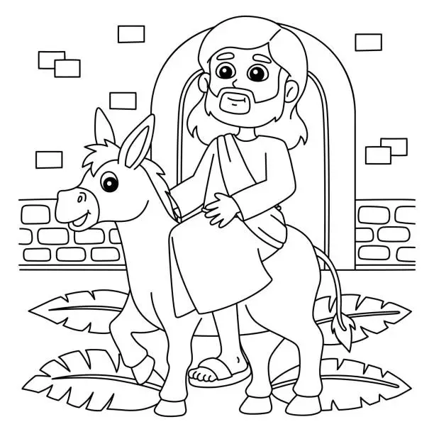Vector illustration of Christian Jesus on Palm Sunday Coloring Page